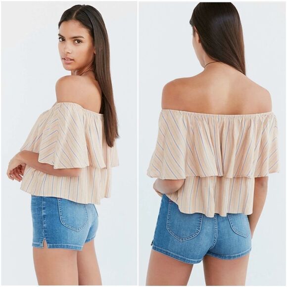 Urban Outfitters Kimchi Blue Tan Stripe Off The Shoulder Ruffle Top Small - Picture 10 of 16